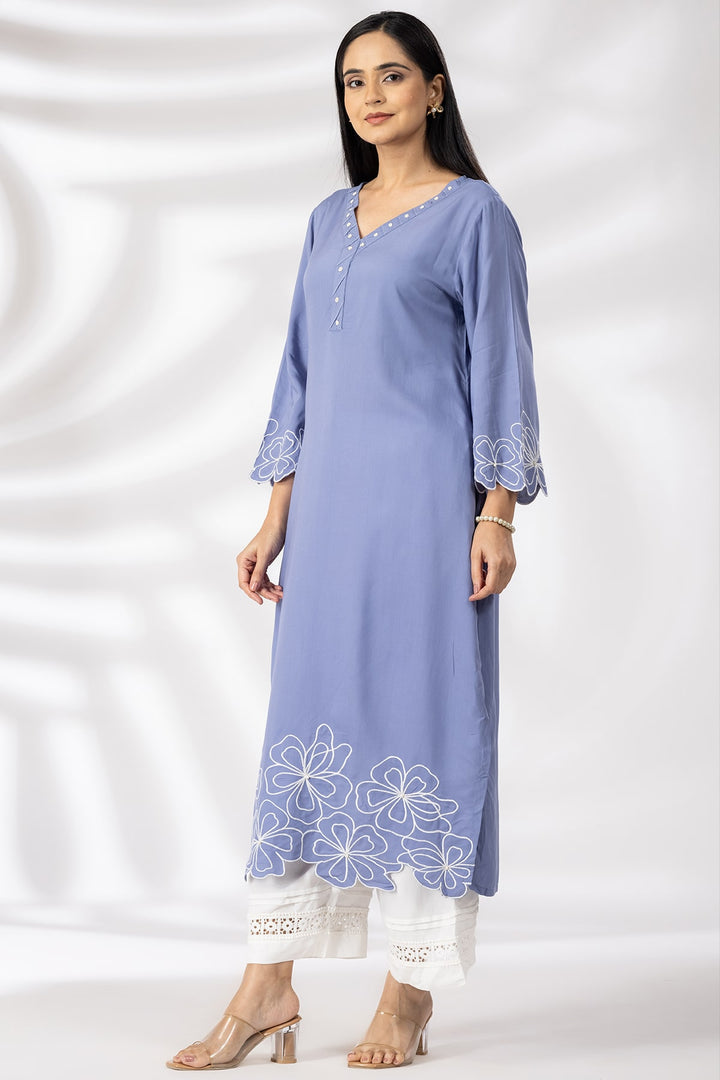 Embroidered Blue Rayon Modal Kurti with V Neck &amp; 3/4 Sleeves