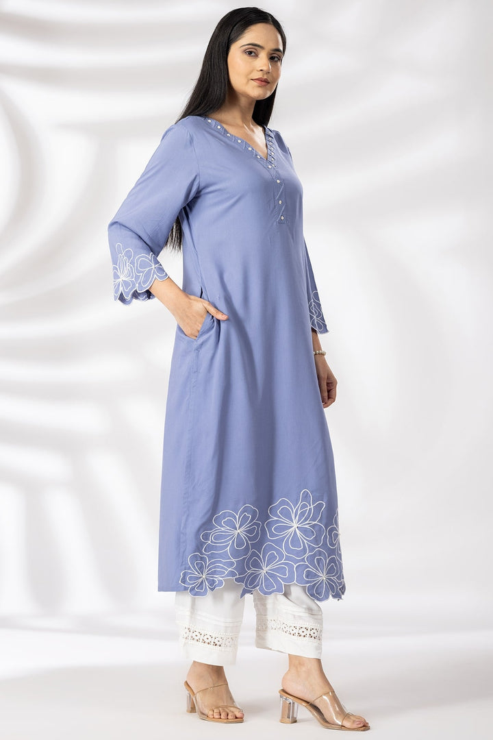 Embroidered Blue Rayon Modal Kurti with V Neck &amp; 3/4 Sleeves