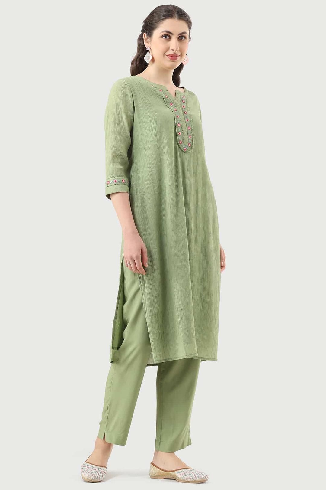 Forest Green Embroidered Crepe Kurti