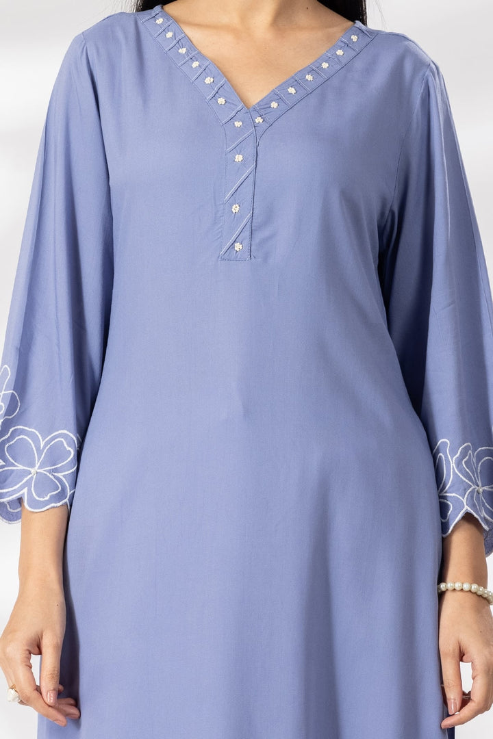 Embroidered Blue Rayon Modal Kurti with V Neck &amp; 3/4 Sleeves