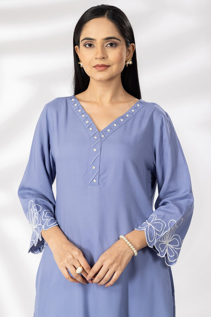 Embroidered Blue Rayon Modal Kurti with V Neck &amp; 3/4 Sleeves
