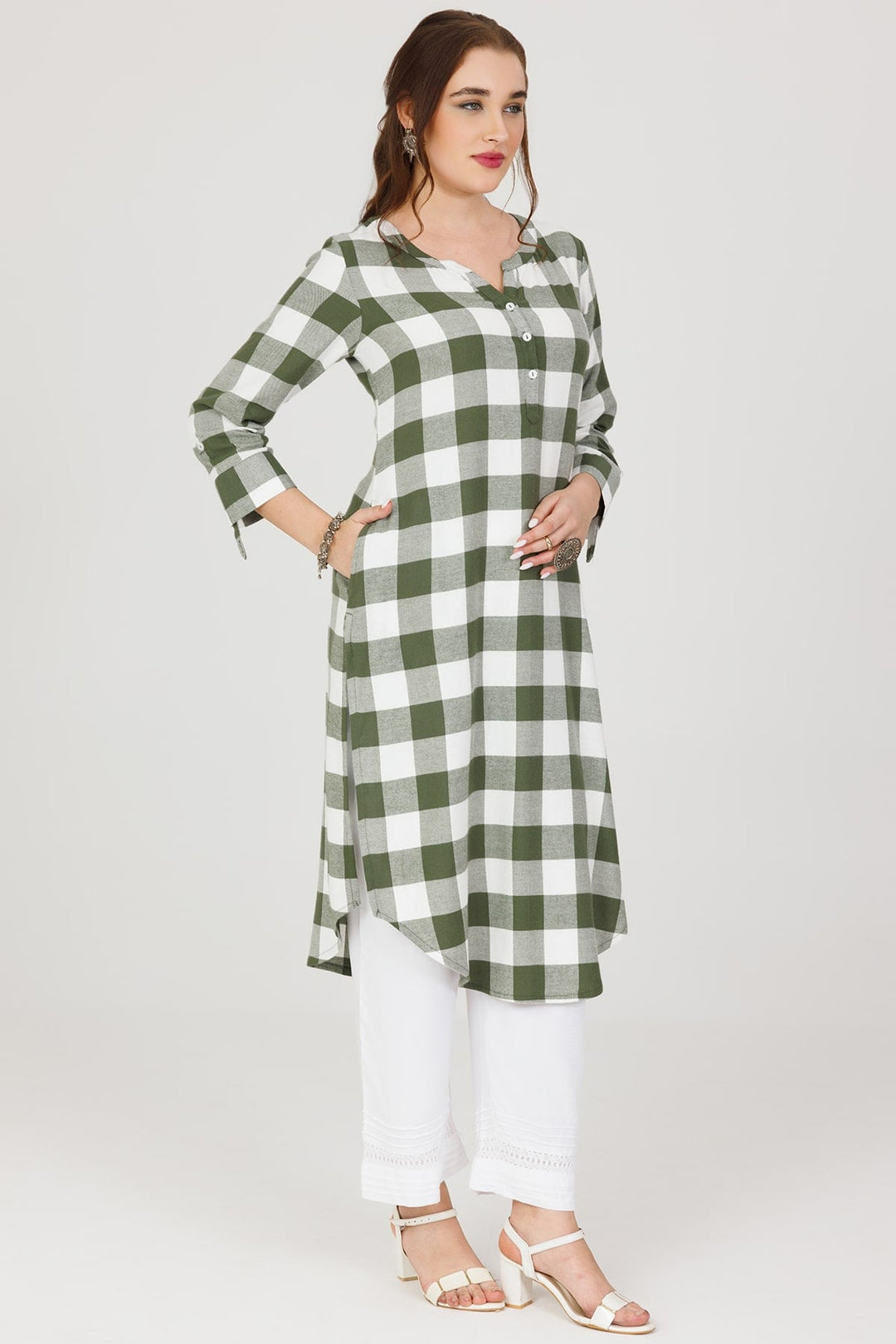 White Winter Kurti in Twill with 3/4th Sleeves