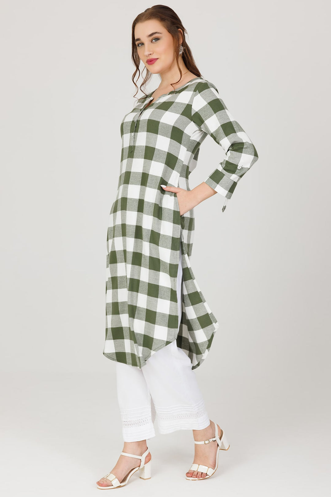 White Winter Kurti in Twill with 3/4th Sleeves