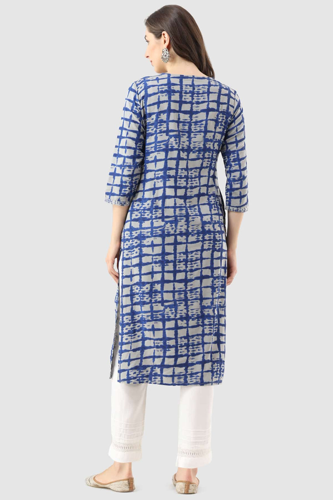 Blue Rayon Embroidered Kurti with V-Neck &amp; 3/4th Sleeves