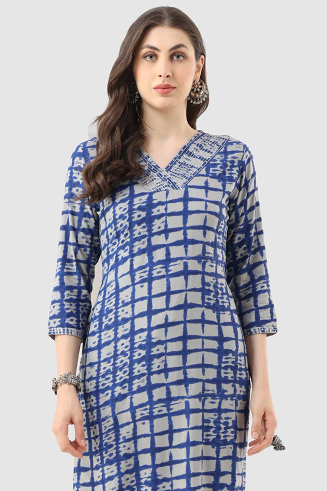 Blue Rayon Embroidered Kurti with V-Neck &amp; 3/4th Sleeves