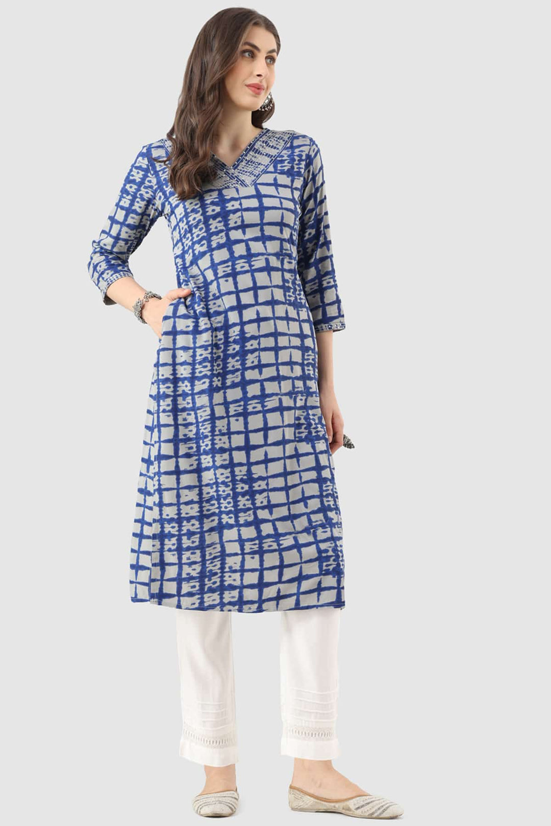 Blue Rayon Embroidered Kurti with V-Neck &amp; 3/4th Sleeves