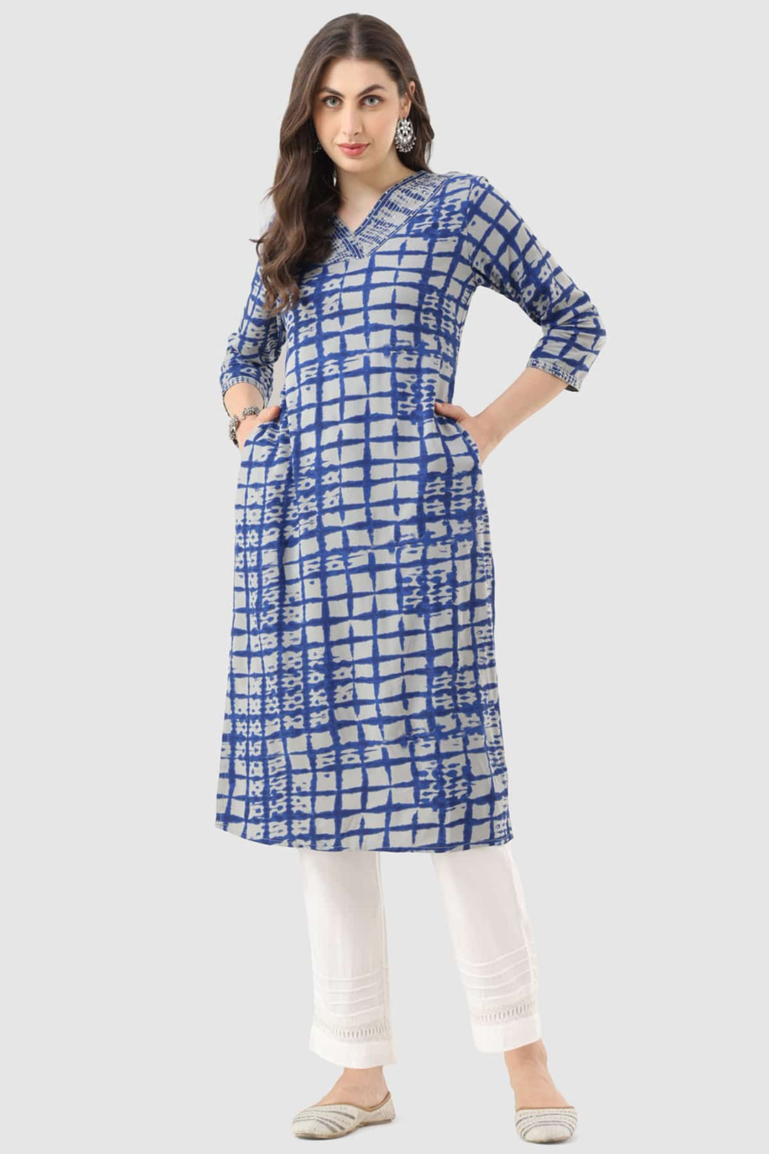 Blue Rayon Embroidered Kurti with V-Neck &amp; 3/4th Sleeves