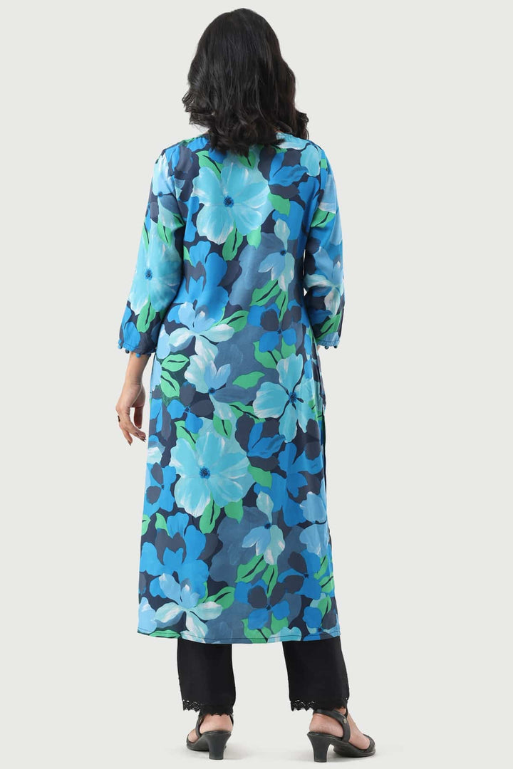 Blue Printed Modal Rayon Kurti with Keyhole Neck
