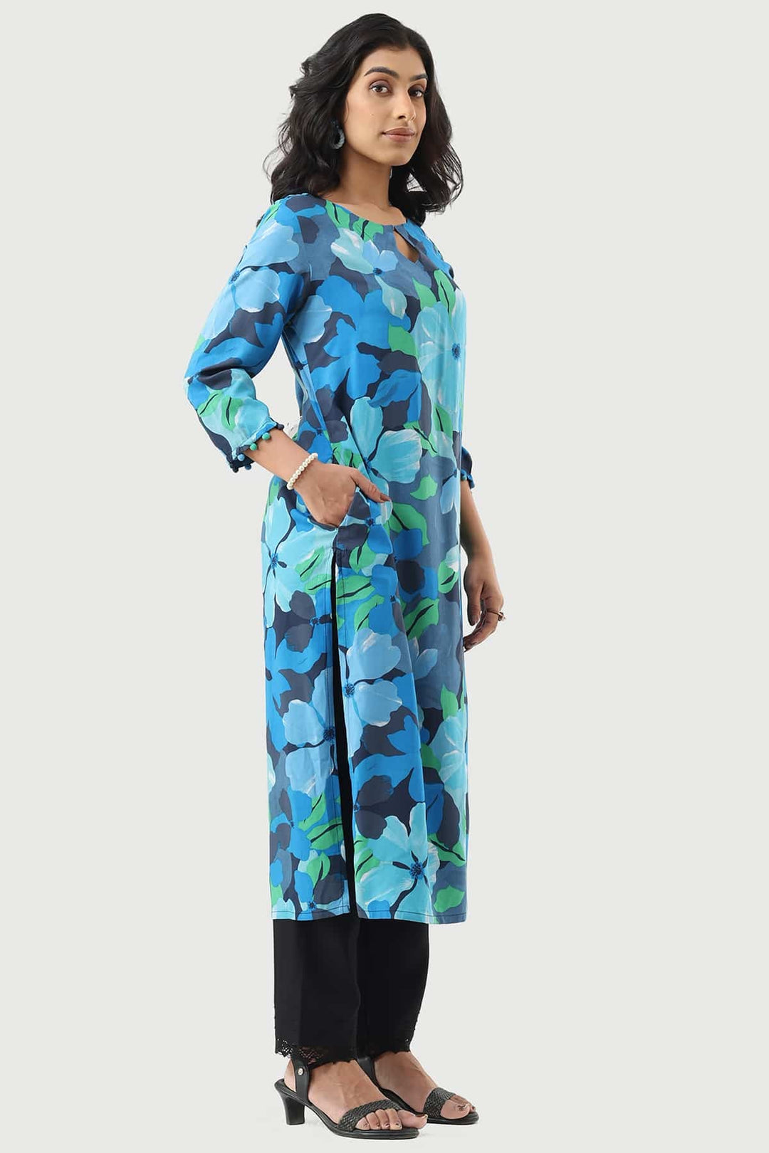 Blue Printed Modal Rayon Kurti with Keyhole Neck