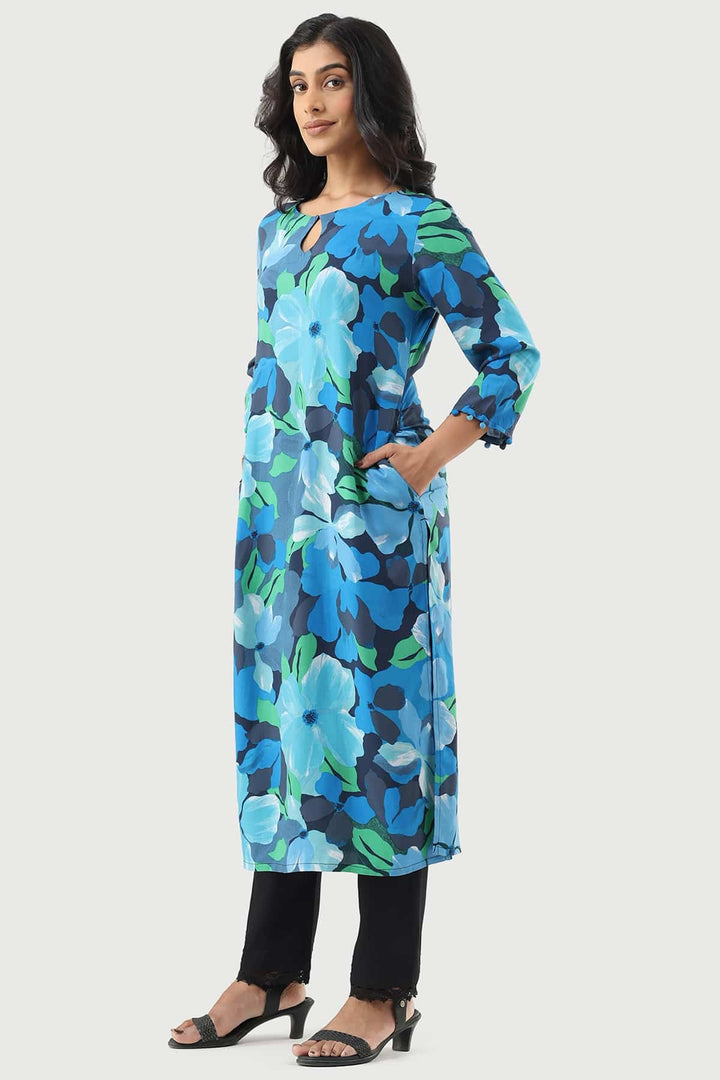 Blue Printed Modal Rayon Kurti with Keyhole Neck