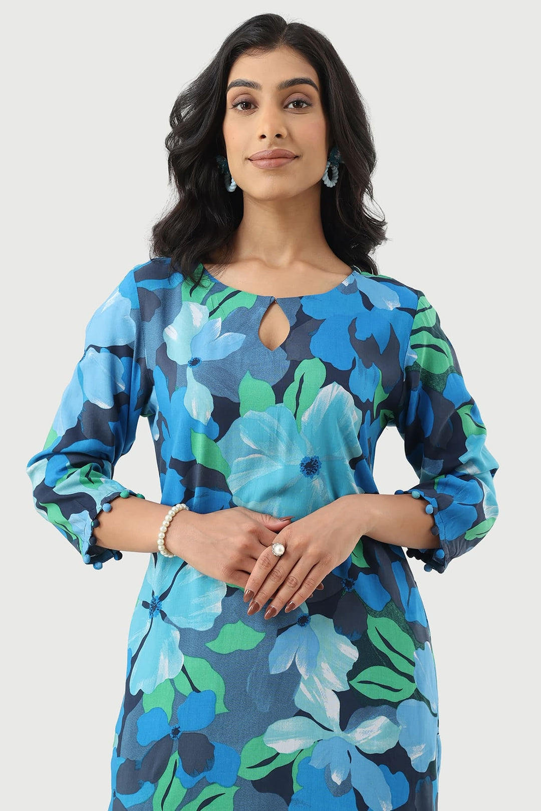 Blue Printed Modal Rayon Kurti with Keyhole Neck