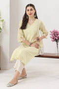 Lemon Yellow Embroidered Cotton Kurti with V-Neck
