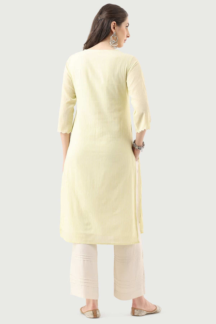 Lemon Yellow Embroidered Cotton Kurti with V-Neck