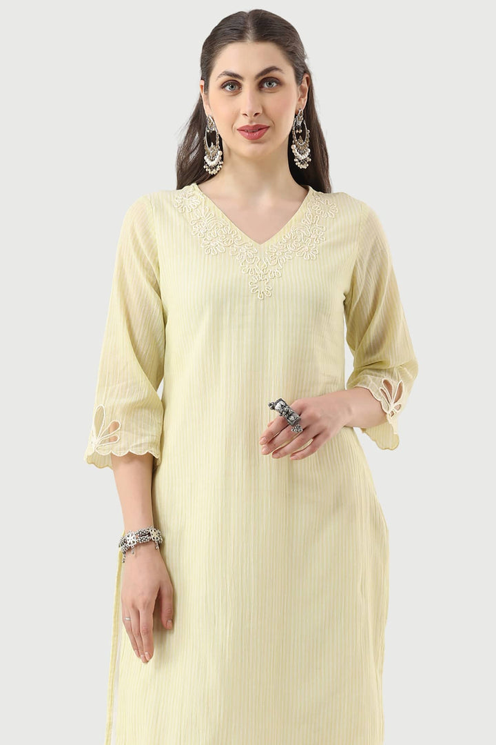 Lemon Yellow Embroidered Cotton Kurti with V-Neck