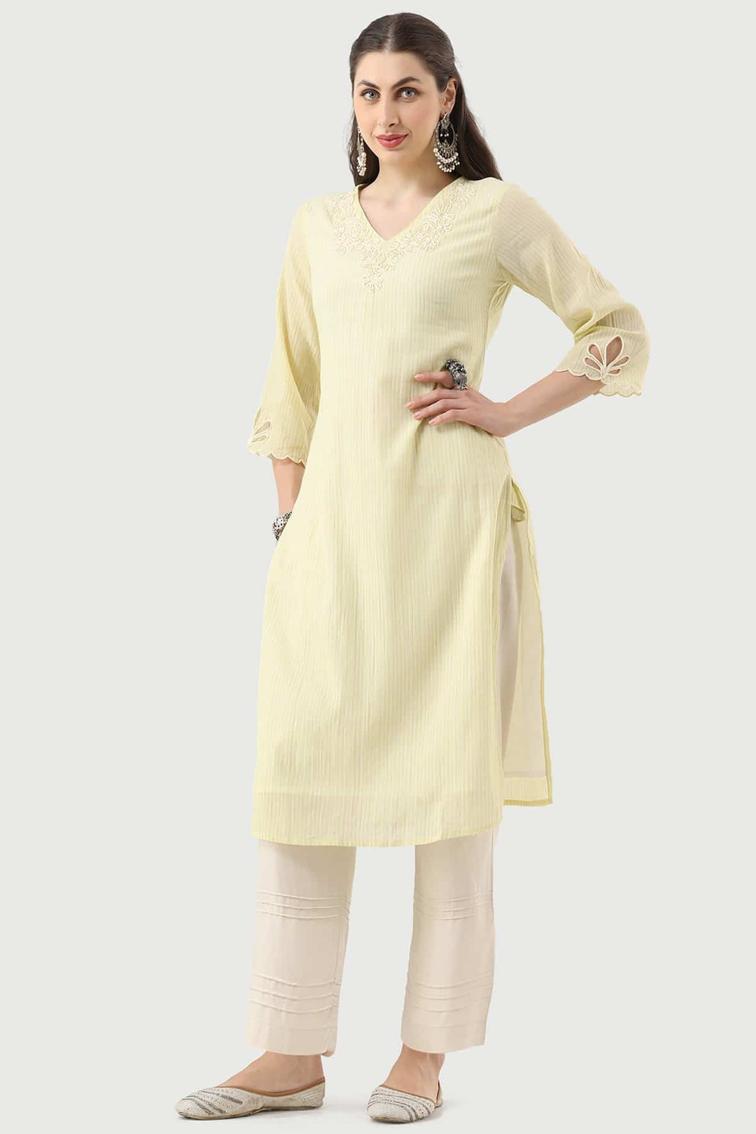 Lemon Yellow Embroidered Cotton Kurti with V-Neck