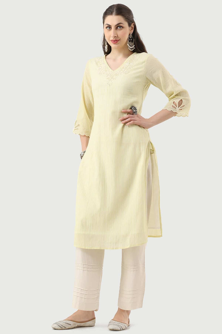 Lemon Yellow Embroidered Cotton Kurti with V-Neck