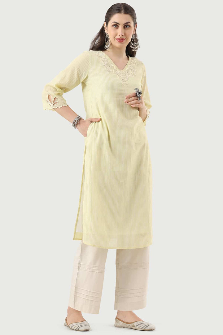 Lemon Yellow Embroidered Cotton Kurti with V-Neck
