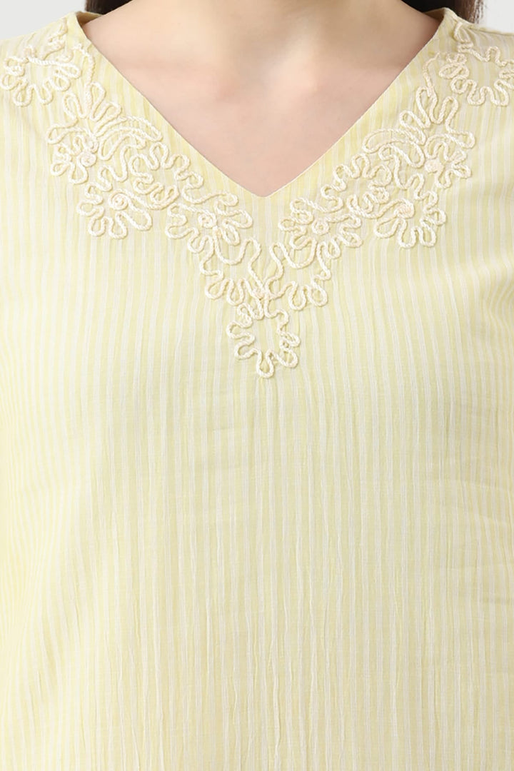 Lemon Yellow Embroidered Cotton Kurti with V-Neck