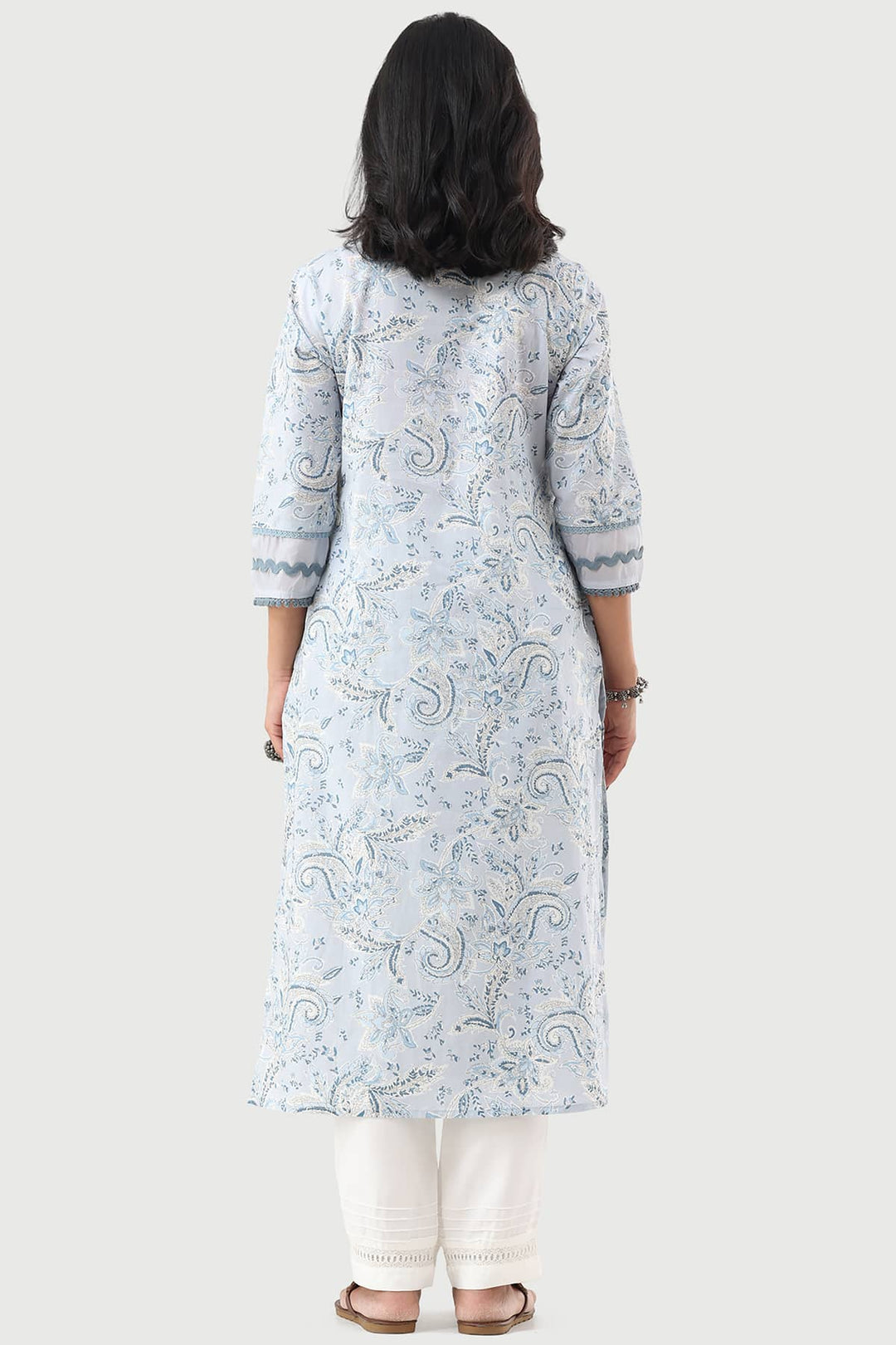 Powder Blue Printed Cotton Cambric Kurti