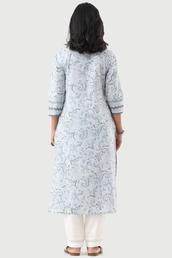 Powder Blue Printed Cotton Cambric Kurti