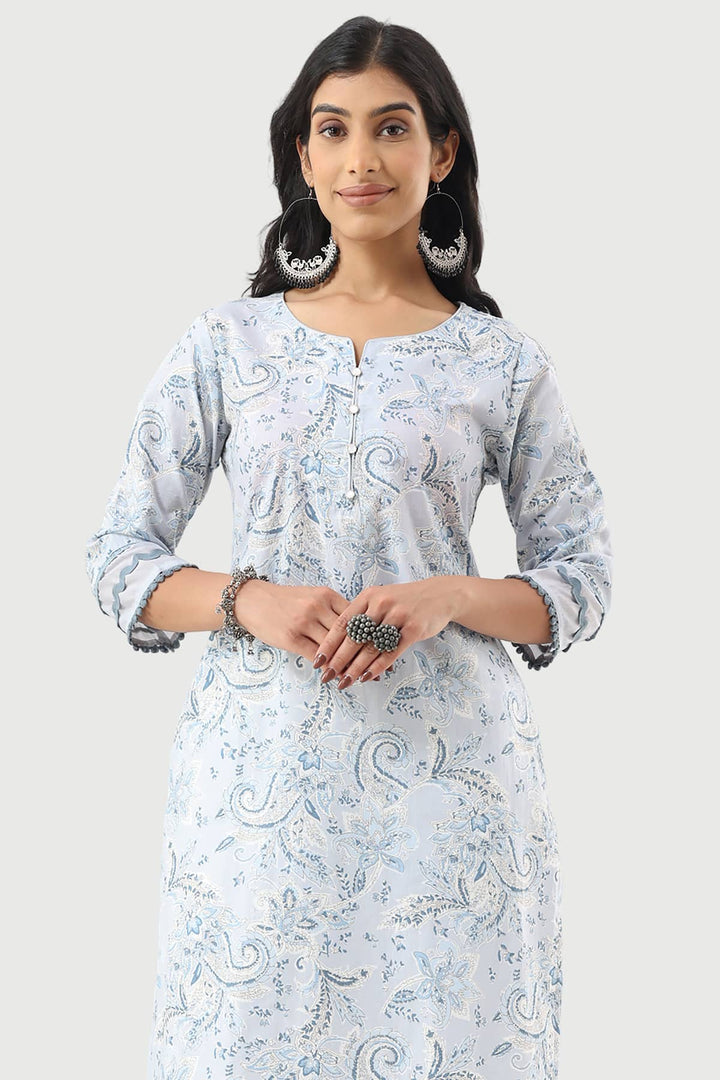 Powder Blue Printed Cotton Cambric Kurti