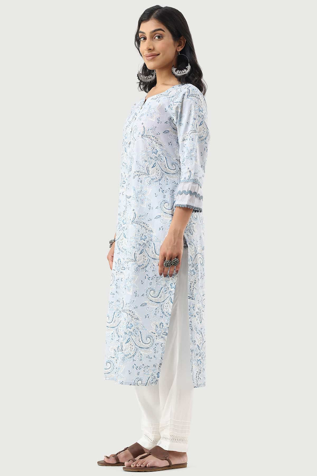 Powder Blue Printed Cotton Cambric Kurti