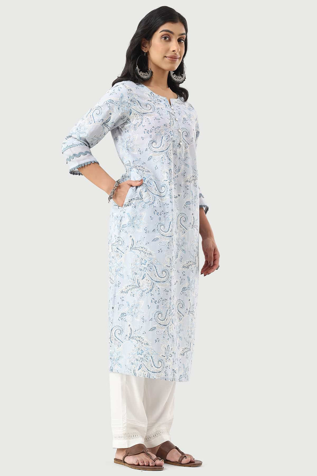Powder Blue Printed Cotton Cambric Kurti