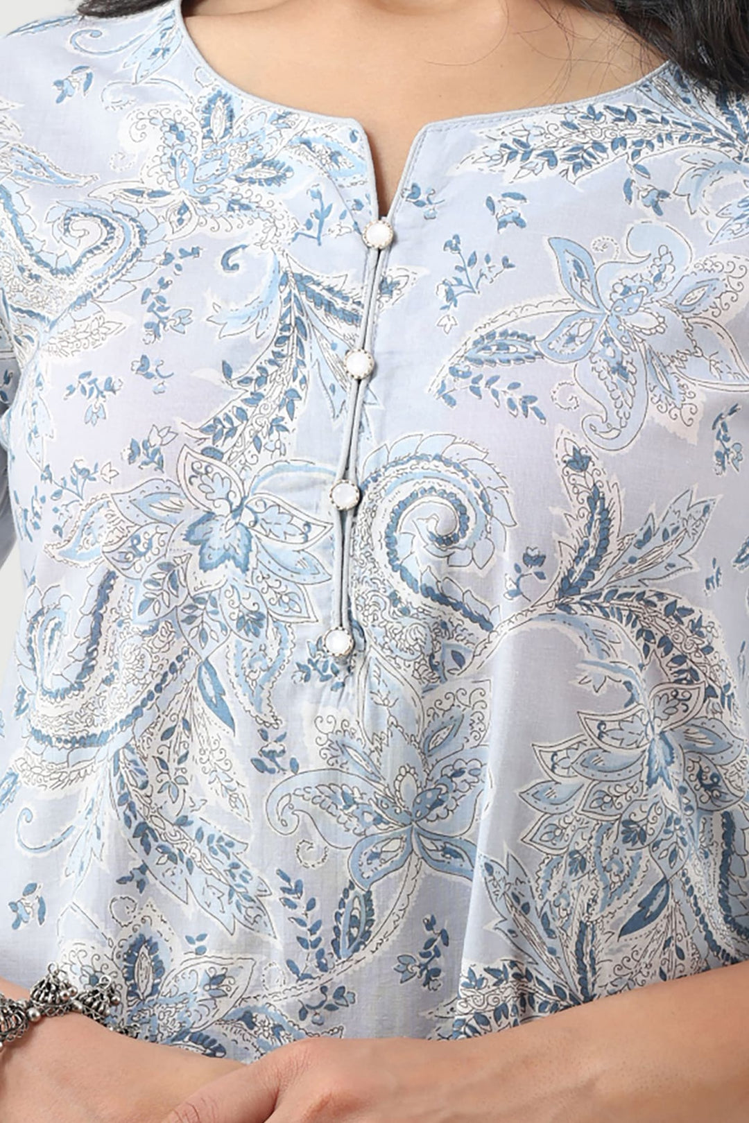 Powder Blue Printed Cotton Cambric Kurti