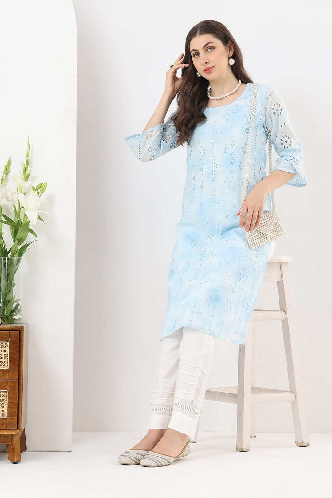 Sky Blue Schiffli Embroidered Kurti with Flared Sleeves