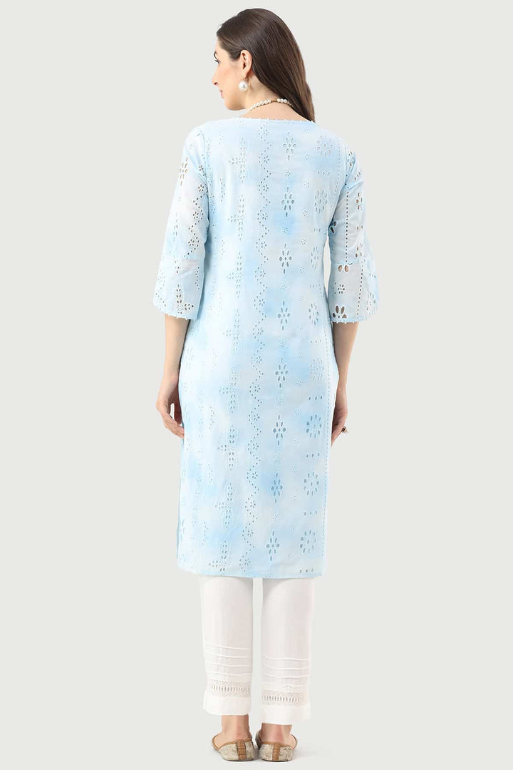 Sky Blue Schiffli Embroidered Kurti with Flared Sleeves