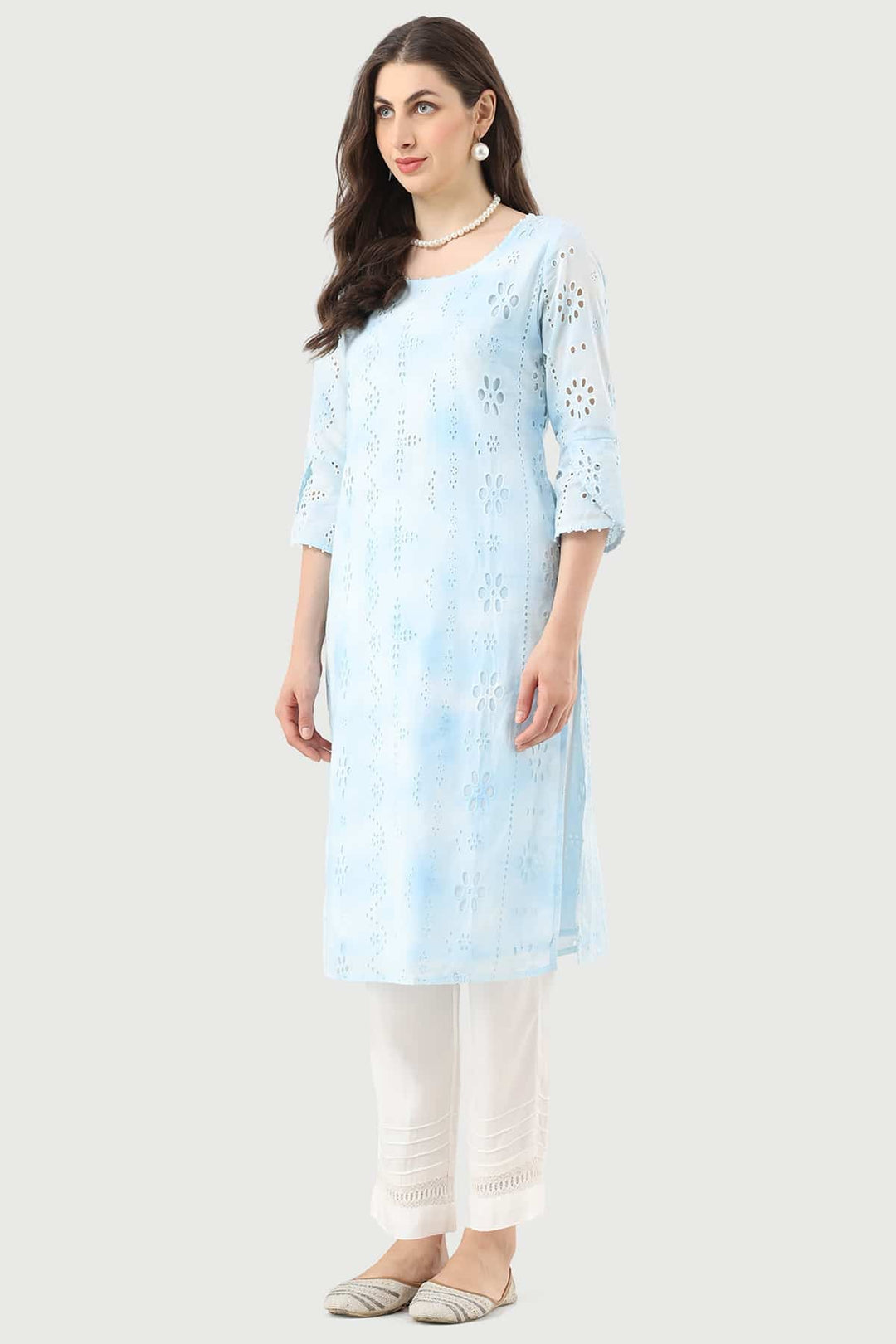 Sky Blue Schiffli Embroidered Kurti with Flared Sleeves