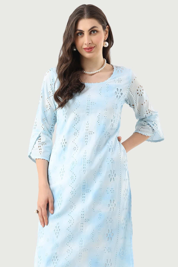 Sky Blue Schiffli Embroidered Kurti with Flared Sleeves