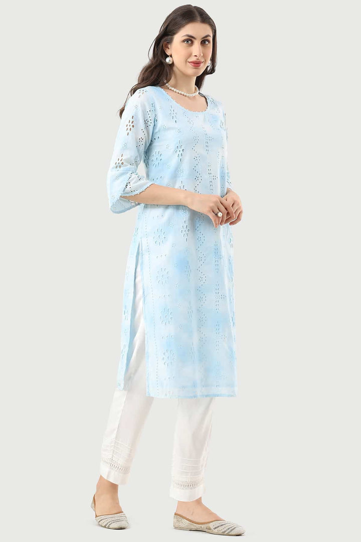 Sky Blue Schiffli Embroidered Kurti with Flared Sleeves