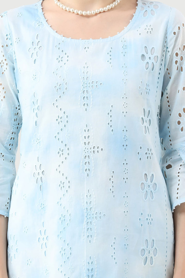 Sky Blue Schiffli Embroidered Kurti with Flared Sleeves
