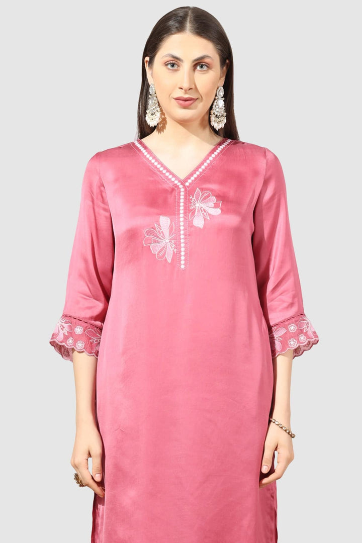 Coral Embroidered Kurti with V Neck &amp; 3/4th Sleeves