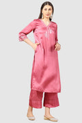 Coral Embroidered Kurti with V Neck & 3/4th Sleeves