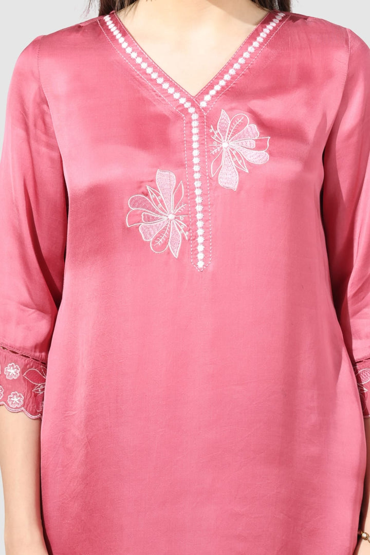Coral Embroidered Kurti with V Neck &amp; 3/4th Sleeves