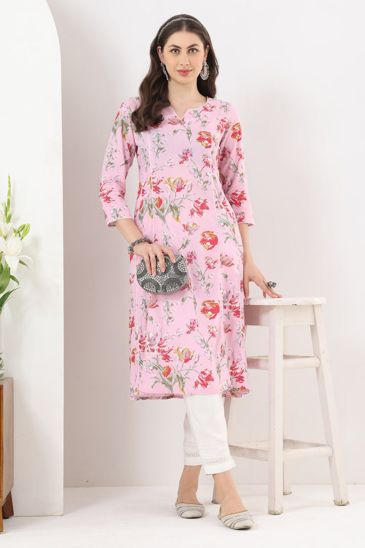 Pink Printed Rayon Kurti with 3/4th Sleeves and Round Neck