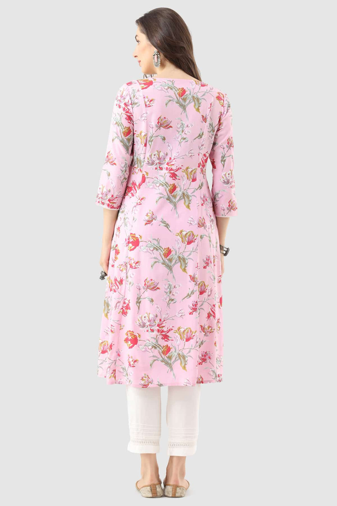 Pink Printed Rayon Kurti with 3/4th Sleeves and Round Neck