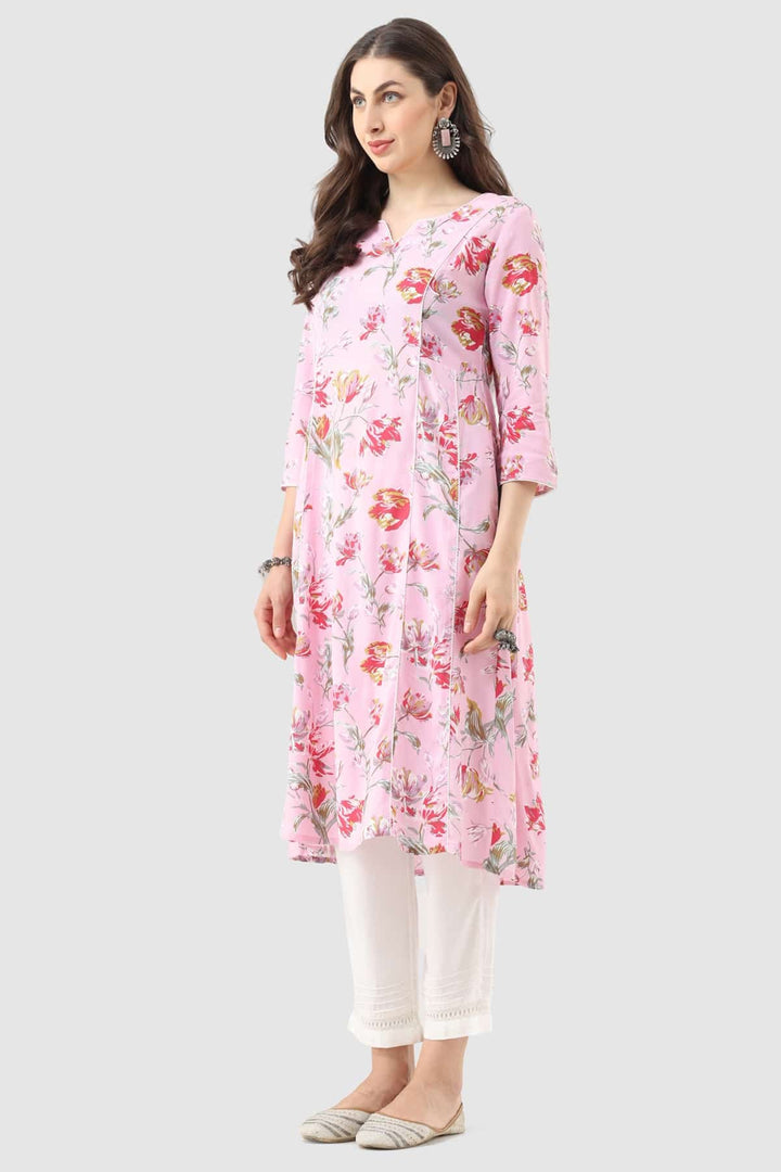 Pink Printed Rayon Kurti with 3/4th Sleeves and Round Neck