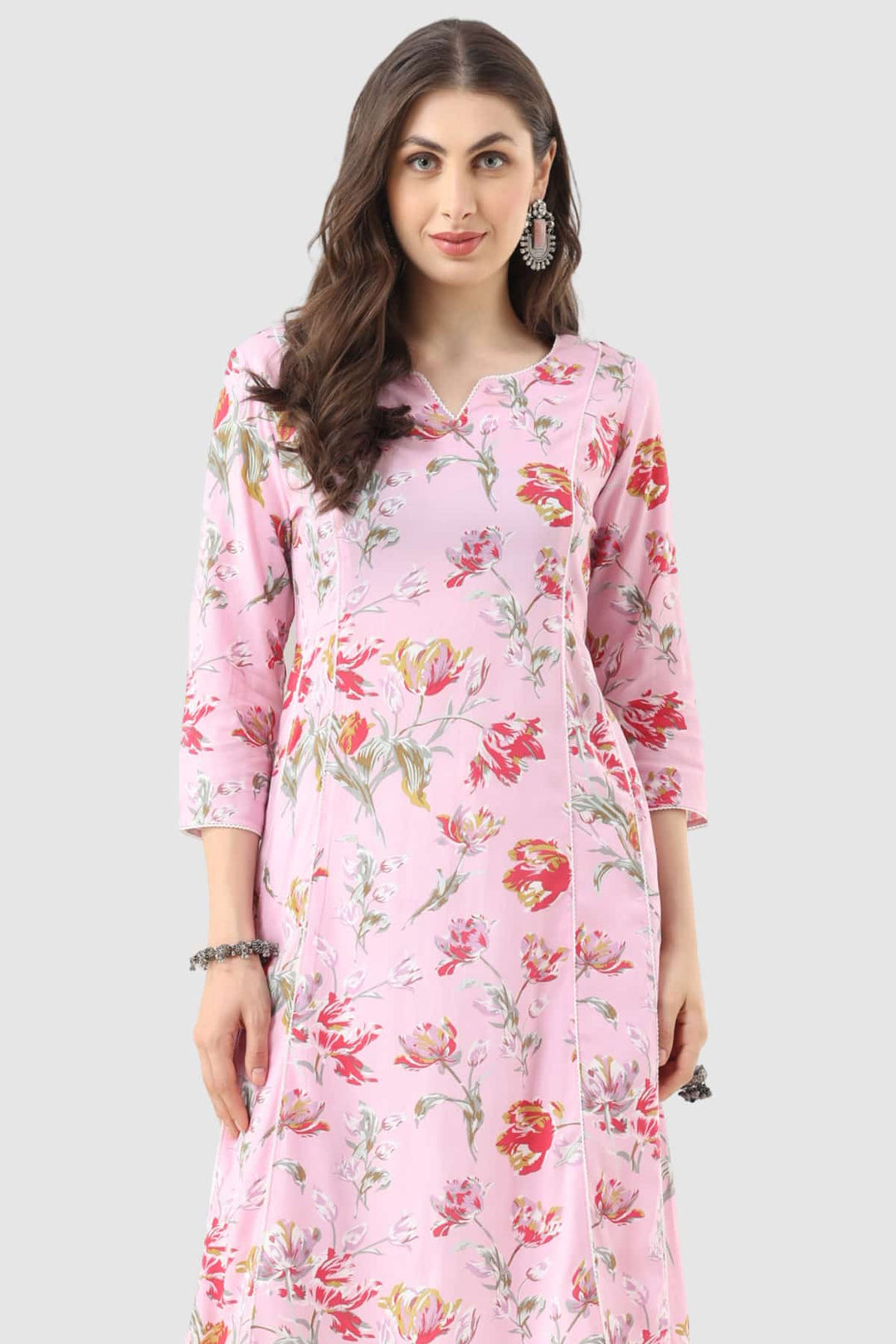 Pink Printed Rayon Kurti with 3/4th Sleeves and Round Neck