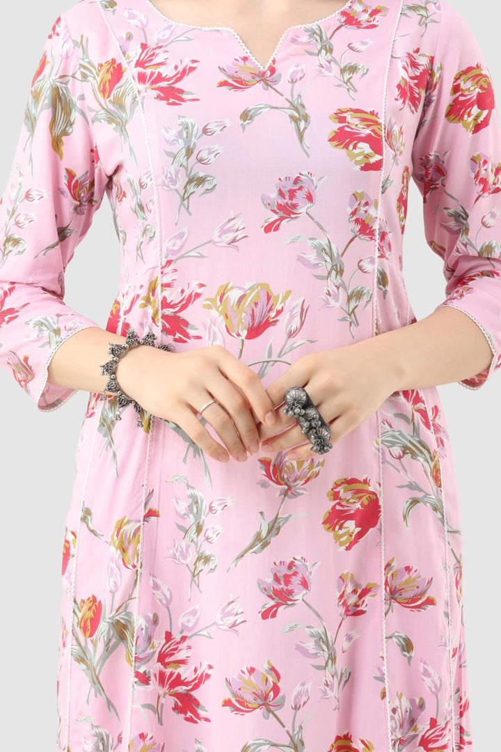 Pink Printed Rayon Kurti with 3/4th Sleeves and Round Neck