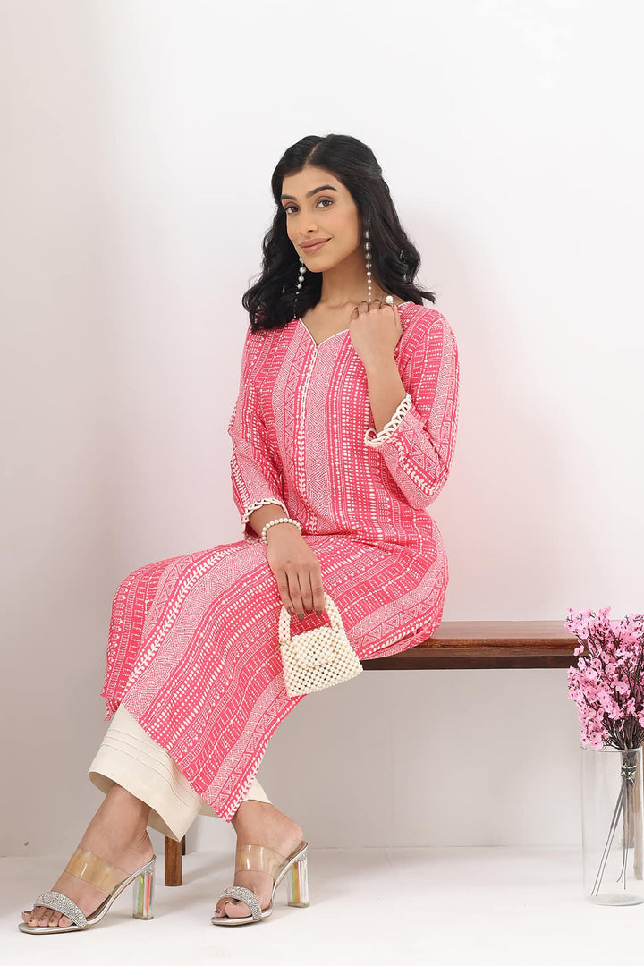 Pink Printed Moss Crepe Kurti with V-Neck