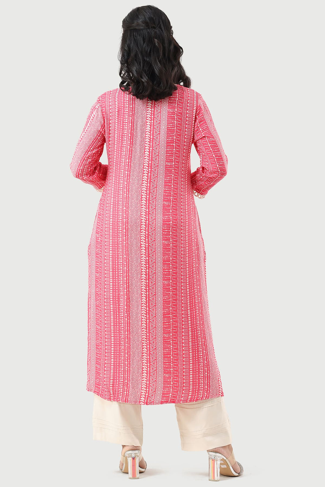 Pink Printed Moss Crepe Kurti with V-Neck