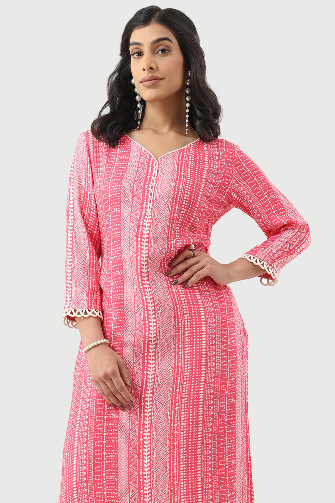 Pink Printed Moss Crepe Kurti with V-Neck