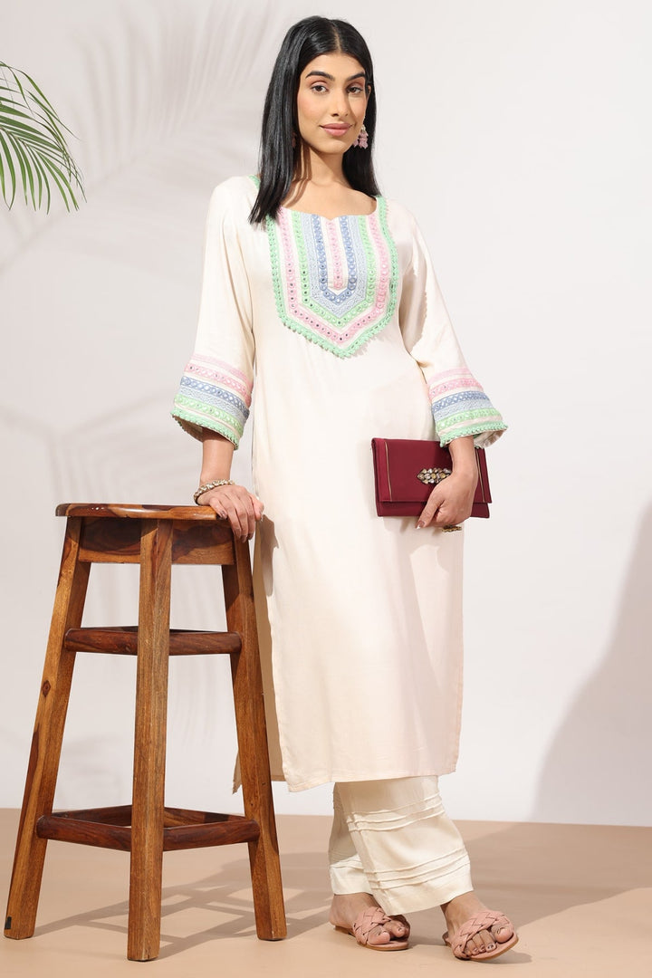 Beige Embroidered Rayon Twill Kurti with Square Neck