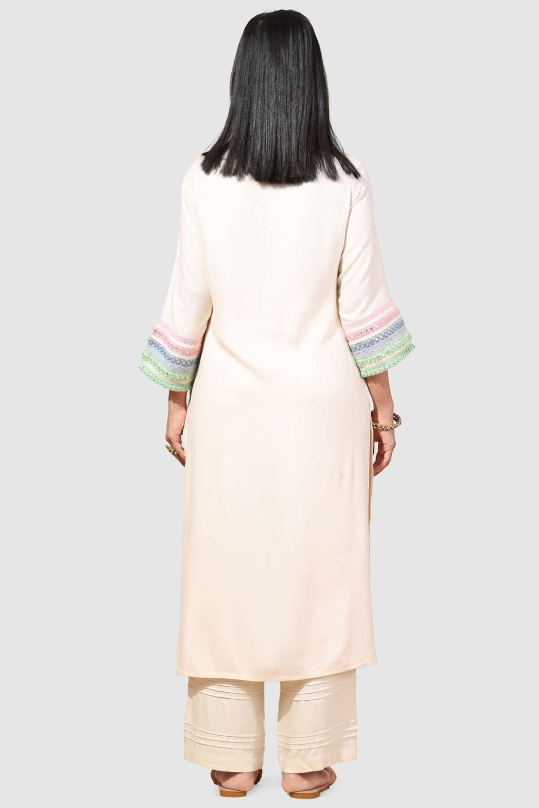 Beige Embroidered Rayon Twill Kurti with Square Neck