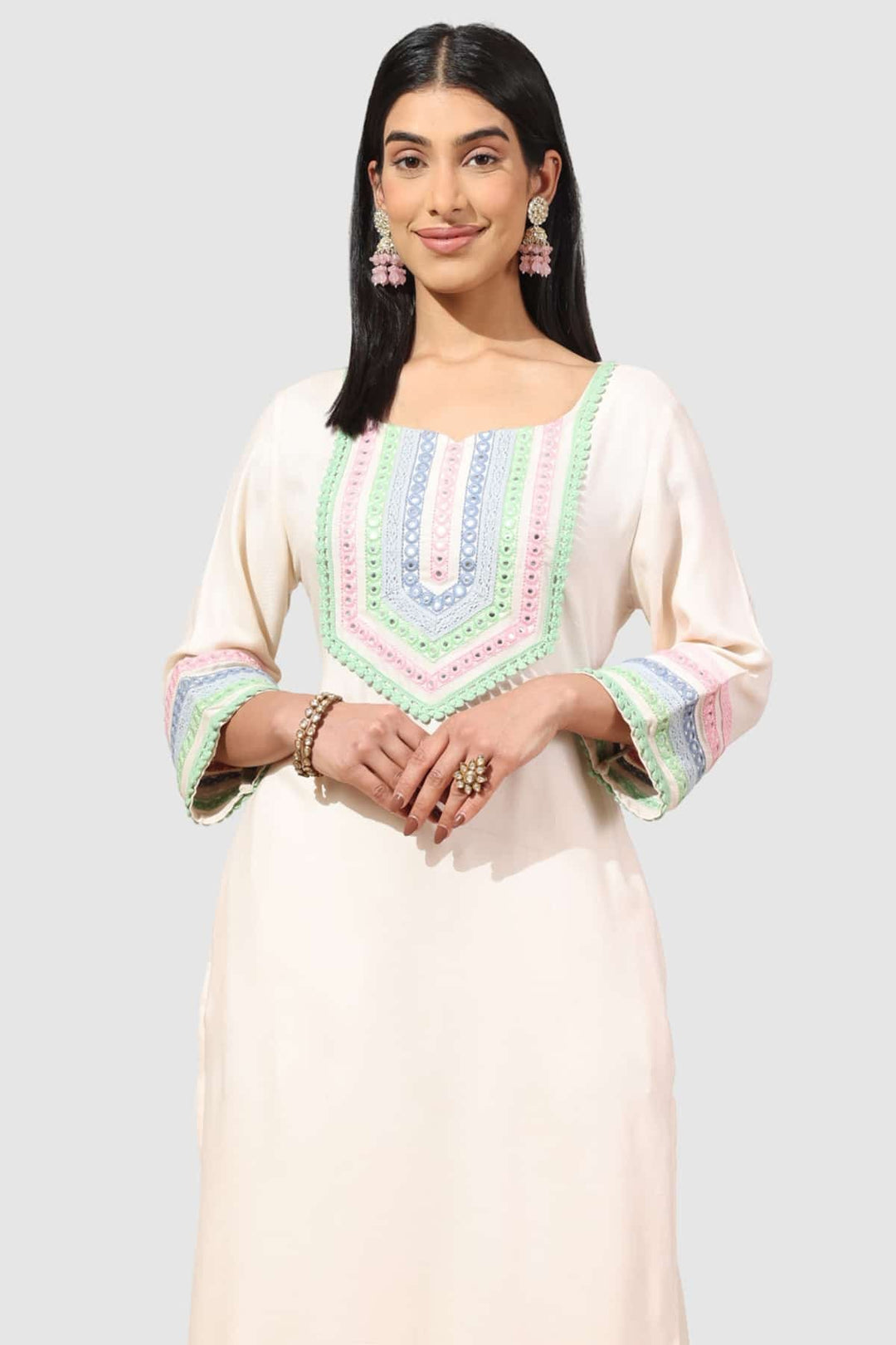 Beige Embroidered Rayon Twill Kurti with Square Neck