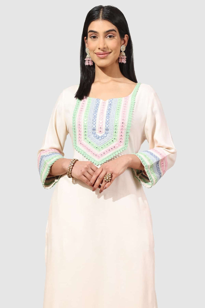 Beige Embroidered Rayon Twill Kurti with Square Neck