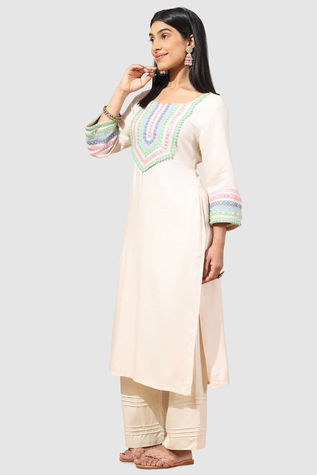Beige Embroidered Rayon Twill Kurti with Square Neck
